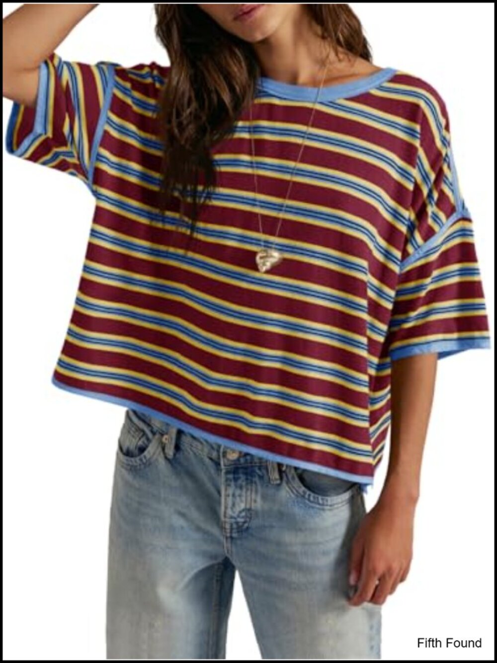 Striped Short Sleeve Boxy Tee in Burgundy and Blue
